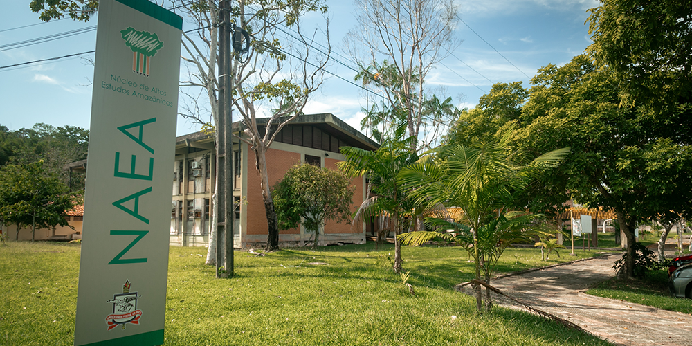 Fotografia da fachada do Núcleo de Altos Estudos Amazônicos da UFPA. Em frente, há um totem de identificação do prédio.