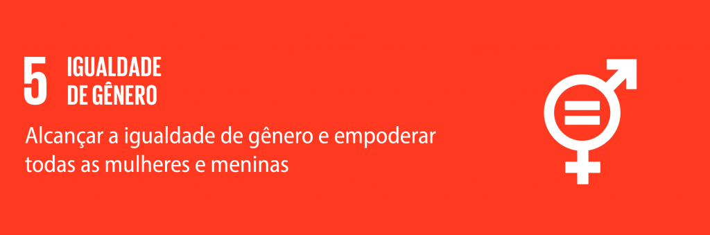 Banner com fundo laranja, com o seguinte texto na cor branca, à esquerda: 5. Igualdade de Gênero. Alcançar a igualdade de gênero e empoderar todas as mulheres e meninas. À direita, há uma ilustração de um símbolo integrado dos sexos masculino e feminino e o símbolo matemático de igualdade.