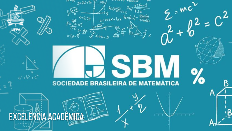 Card na cor verde. No centro, há a logo da Sociedade Brasileira de Matemática. Ao redor da logo, várias representações de equações matemáticas.