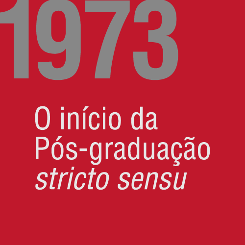 Card com fundo vermelho. Em destaque, está escrito o ano 1973. Abaixo está escrito: O início da Pós-graduação stricto sensu.