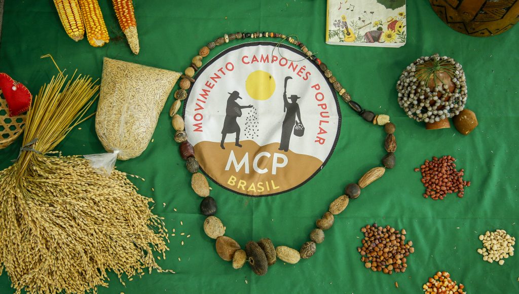 Fotografia de um amontoado de grãos de feijão e milho, juntamente com um pacote de arroz, três espigas de milho, um colar de sementes e uma cabaça. Os objetos estão disposto sobre uma bandeira com a seguinte identificação: Movimento Camponês Popular - MCP - Brasil
