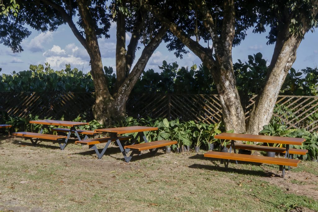 Fotografia de nova estrutura disponibilizada na orla do Campus Guamá. Destaque para bancos e mesas de madeira.