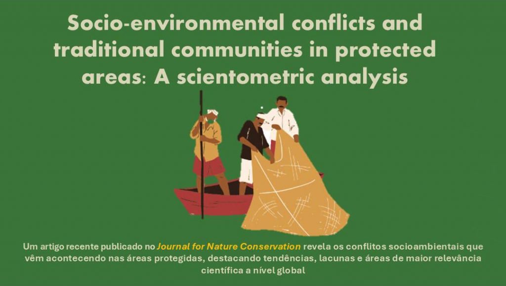 Card gráfico de fundo verde, com desenhos que representam três pessoas dentro de uma canoa. Um remo e dois seguram uma rede. Abaixo, o seguinte texto: Socio-Environmental conflicts and traditional communities in protected areas - a scientometric analysis.