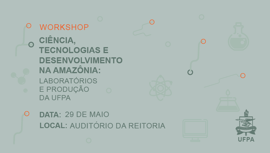 Card em tons de verde, com o seguinte texto: WORKSHOP CIÊNCIA, TECNOLOGIAS E DESENVOLVIMENTO NA AMAZÔNIA - LABORATÓRIOS E PRODUÇÃO DA UFPA - DATA 29 DE MAIO - LOCAL AUDITÓRIO DA REITORIA.