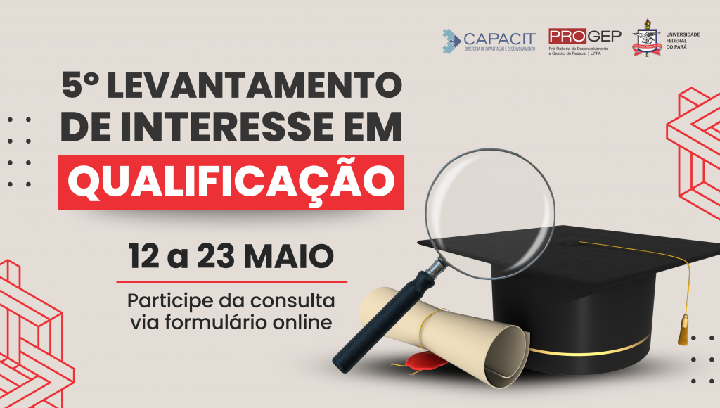 Card de fundo bege. Ele destaca o desenho de um capelo, chapeu usado em cerimônias de formatura, uma lupa e um diploma. Na lateral, o seguinte texto: QUINTO LEVANTAMENTO DE INTERESSE EM QUALIFICAÇÃO - 12 A 23 MAIO - PARTICIPE DA CONSULTA VIA FORMULÁRIO ONLINE. No topo da imagem, as logomarcas do Capacita, da Progep e o brasão da UFPA.