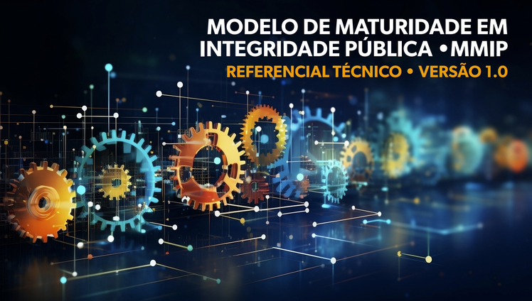 Card gráfico de fundo preto. No centro do card, rodinhas em várias cores simbolizando uma engrenagem. No topo, o título: MODELO DE MATURIDADE EM INTEGRIDADE PÚBLICA - MMIP - REFERENCIAL TÉCNICO