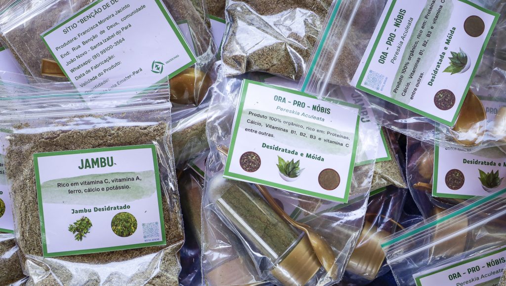 Fotografia registra vários pacotes plásticos com diferentes rótulos que anunciam ORA PRO NÓBIS e JAMBU.