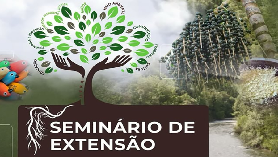 Card gráfico possui um desenho de uma árvore, com seu tronco sendo formado por duas mãos. Abaixo da imagem, o texto: SEMINÁRIO DE EXTENSÃO.
