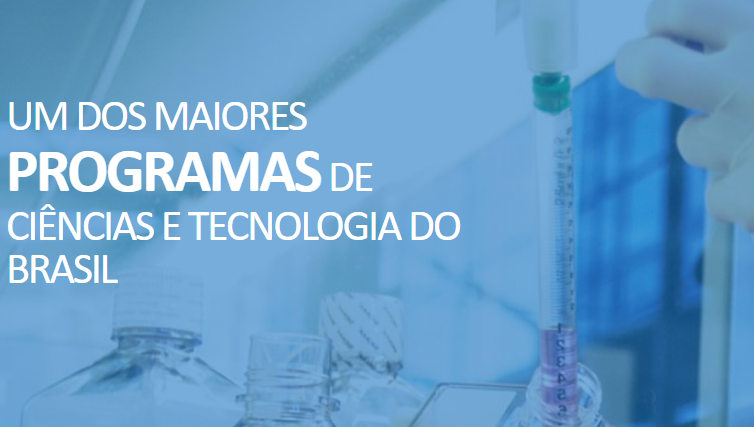 Card de fundo azul destaca o seguinte texto: um dos maiores programas de Ciência e Tecnologia do Brasil.
