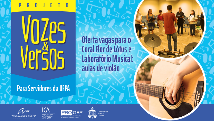 Arte de fundo azul destaca a informação: PROJETO VOZES E VERSOS - OFERTA VAGAS PARA O CORAL FLOR DE LOTUS E LABORATÓRIO MUSICAL - AUSLA DE VIOLÃO.