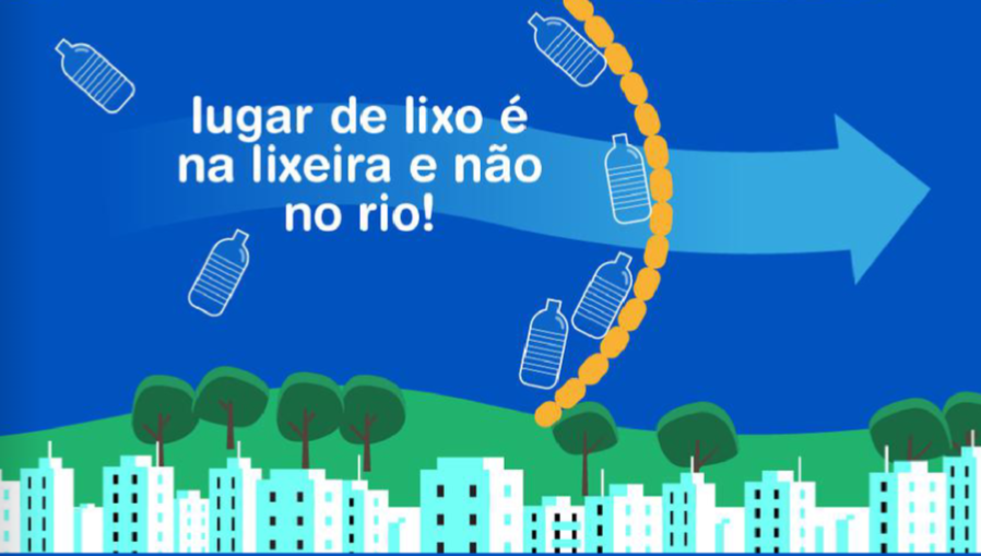 Cartão gráfico destaca desenhos de prédios margeando um rio, na cor azul.