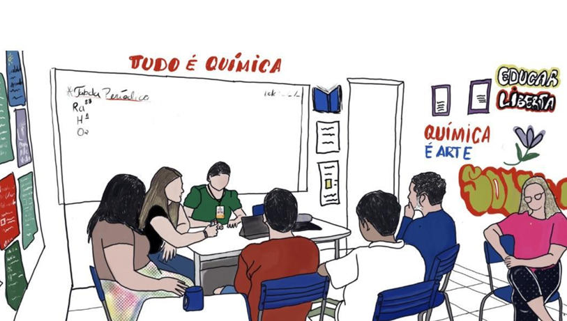 Arte gráfica reproduz um ambiente escolar. Há um quadro branco, uma pessoa sentada na mesa do professor, e outras pessoas sentadas em carteiras. Sobre o quadro branco, o texto: TUDO É QUÍMICA.
