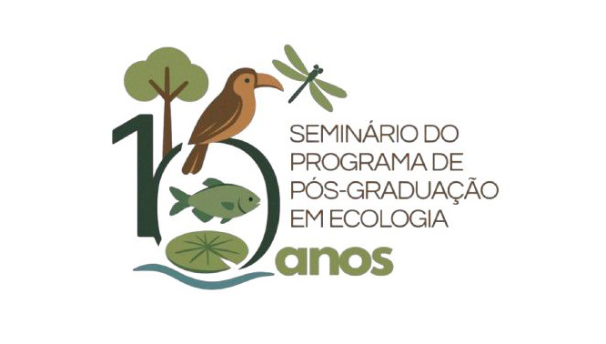 Card gráfico com a logo comemorativa dos 10 anos do PPGECO. A logo destaca os desenhos de um pássaro, um peixe, uma vitória régia, uma mariposa e uma árvore. Ao lado da logo, o texto: SEMINÁRIO DO PROGRAMA DE PÓS-GRADUAÇÃO EM ECOLOGIA.