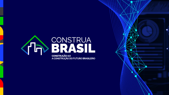 Card gráfico de fundo azul destca a logomarca do projeto "Construa Brasil - ACONSTRUÇÃO DO FUTURO BRASILEIRO"