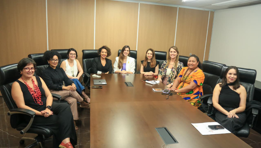 Fotografia mostra uma grupo de mulheres sentadas ao redor de uma mesa.