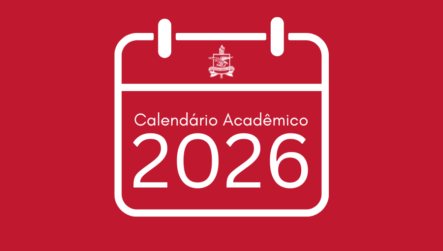 Card gráfico na cor vermelha. Ele destaca um desenho no formato de um calendário. No topo do calendário, o brasão da UFPA. No centro, a seguinte informação: CALENDÁRIO ACADÊMICO 2026.