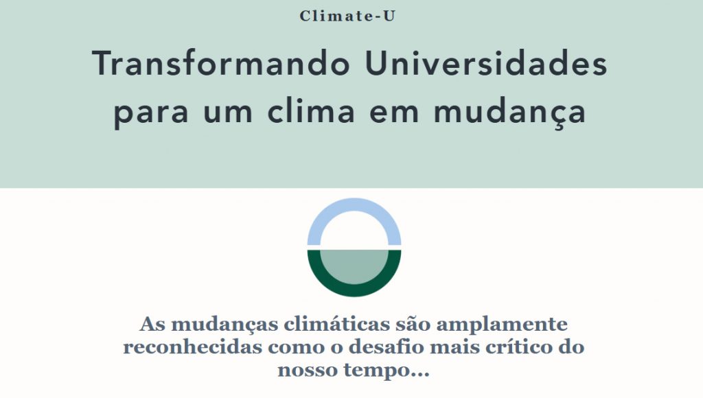Card gráfico destaca a seguinte mensagem: Transformando universidades para um clima em mudança.