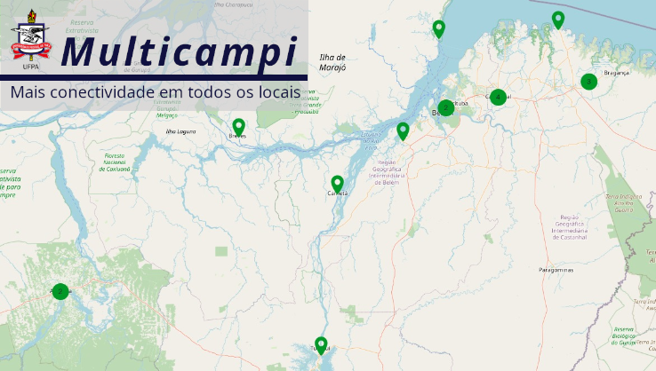 Imagem de um mapa. Sobre a imagem, uma placa de identificação: MULTICAMPI - MAIS CONECTIVIDADE EM TODOS OS LOCAIS.