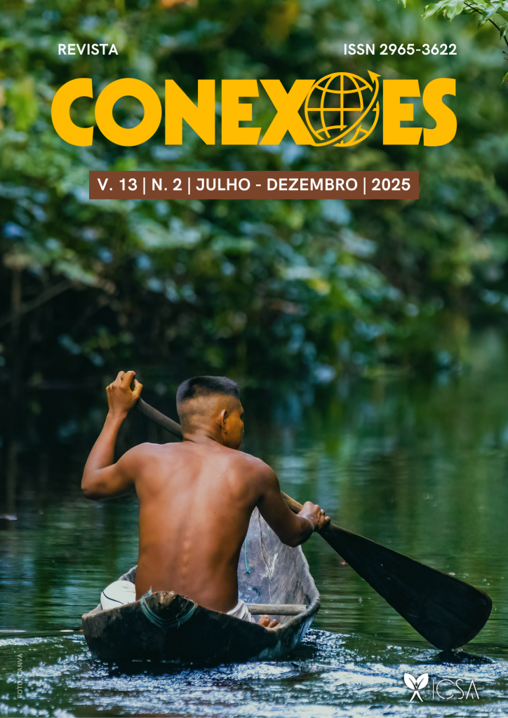 Imagem registra a capa de última edição da Revista Conexões. Na capa, há uma foto de uma pessoa remando uma pequena canoa, em um rio margeado por árvores.