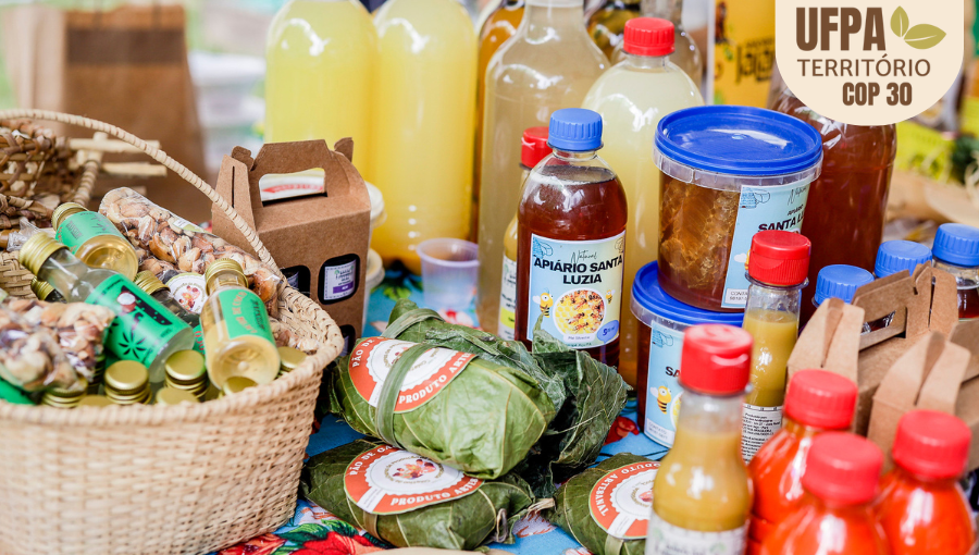 Fotografia registra vários produtos expostos para venda. Alguns estão dispostos dentro de uma cesta de palha, outros estão embalados em garrafas plásticas, outros enrolados em folhas de árvores. Sobre a foto, um selo identifica: UFPA TERRITÓRIO DA COP.