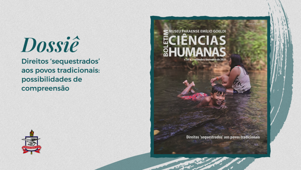 Arte tem fundo de cor clara e textura azul longitudinal. Á direita a capa da publicação que mostra uma criança indígena banhando em um rio. Ela sorri. À esquerda a frase: Dossiê “Direitos ‘sequestrados’ aos povos tradicionais: possibilidades de compreensão”. No rodapé o brasão da UFPA.