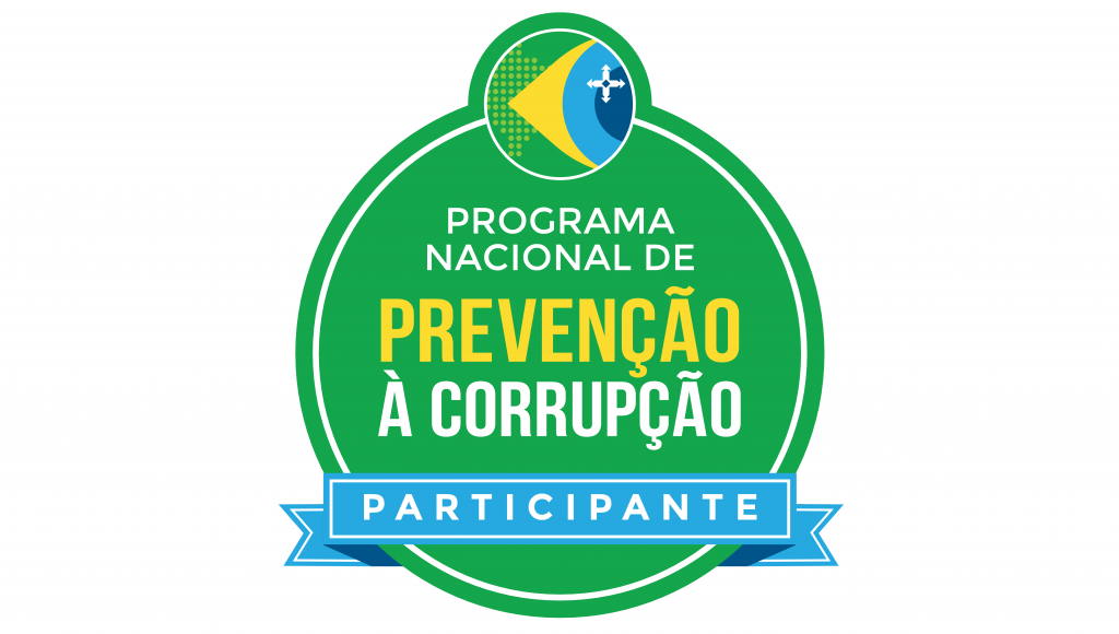 Card gráfico destaca o selo do programa nacional de prevenção à corrupção, com uma faixa destacando a palavra "participante".