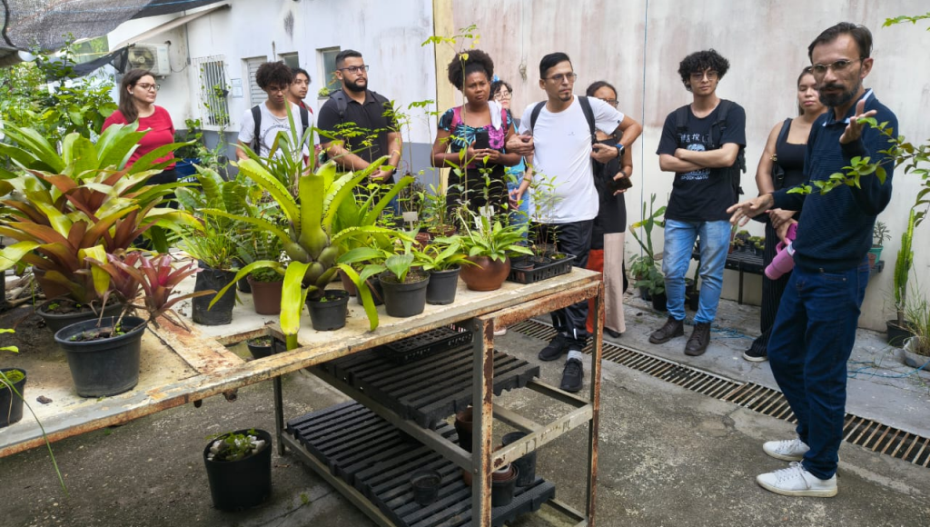 Fotografia registra uma área com com diferentes vasos de plantas. Ao fundo, é possível ver algumas pessoas sendo guiados por uma outra pessoa que fala.