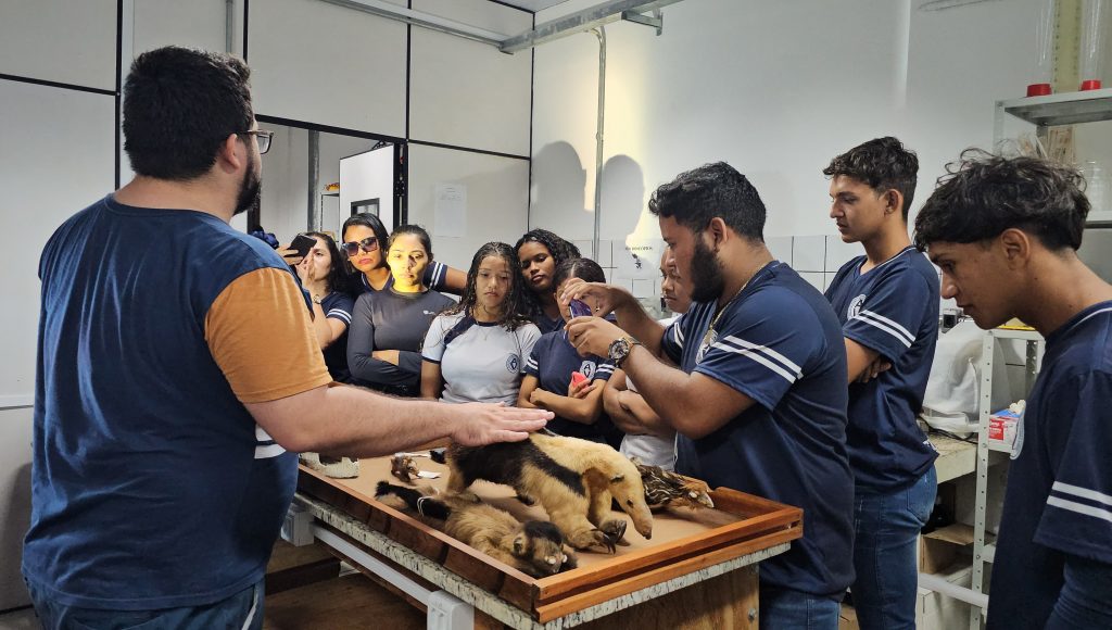 Fotografia registra um grupo de estudantes, uniformizados, ao redor de uma mesa com uma especie de animal em taxidermia. A frente dos estudantes há um adulto que aparenta estar falando.