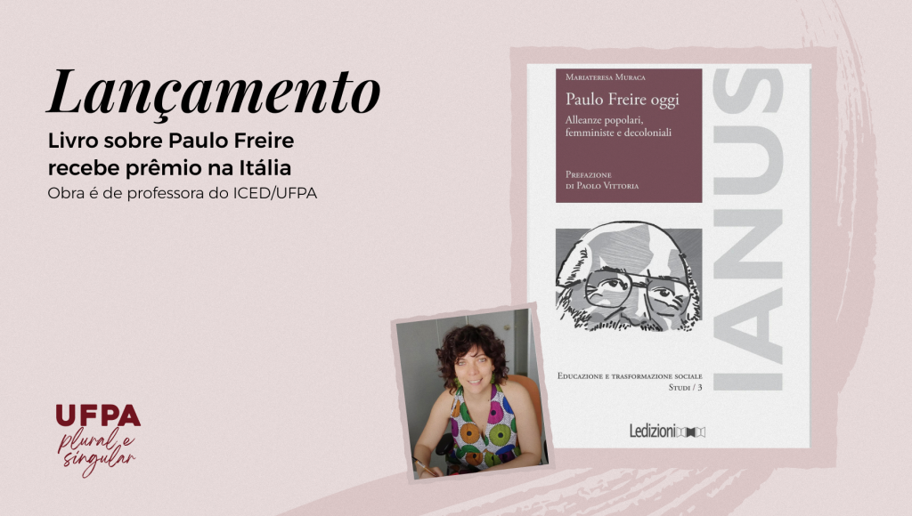 Card com fundo bege rosado. No canto superior direito está escrito em destaque "Lançamento" em letras itálicas pretas. No canto esquerdo do card tem uma foto pequena da professora Mariateresa Muraca e ao lado dessa foto está disposto uma imagem da capa do livro.