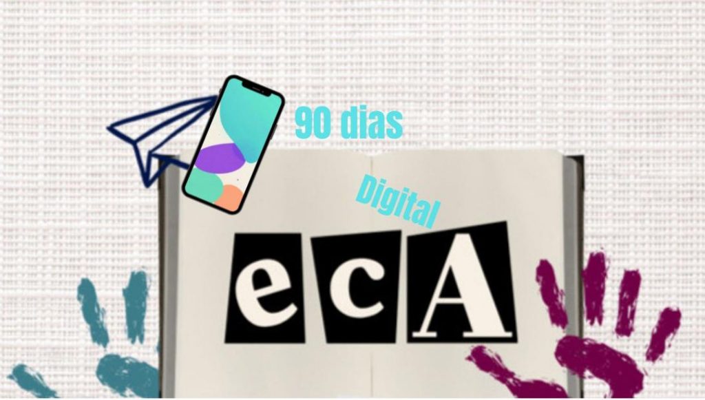 Card gráfico apresenta duas silhuetas de mãos pintadas de tinta segurando um quadro. Ao lado do quadro, um celular. No centro do quandro, o texto: 90 dias - ECA Digital.