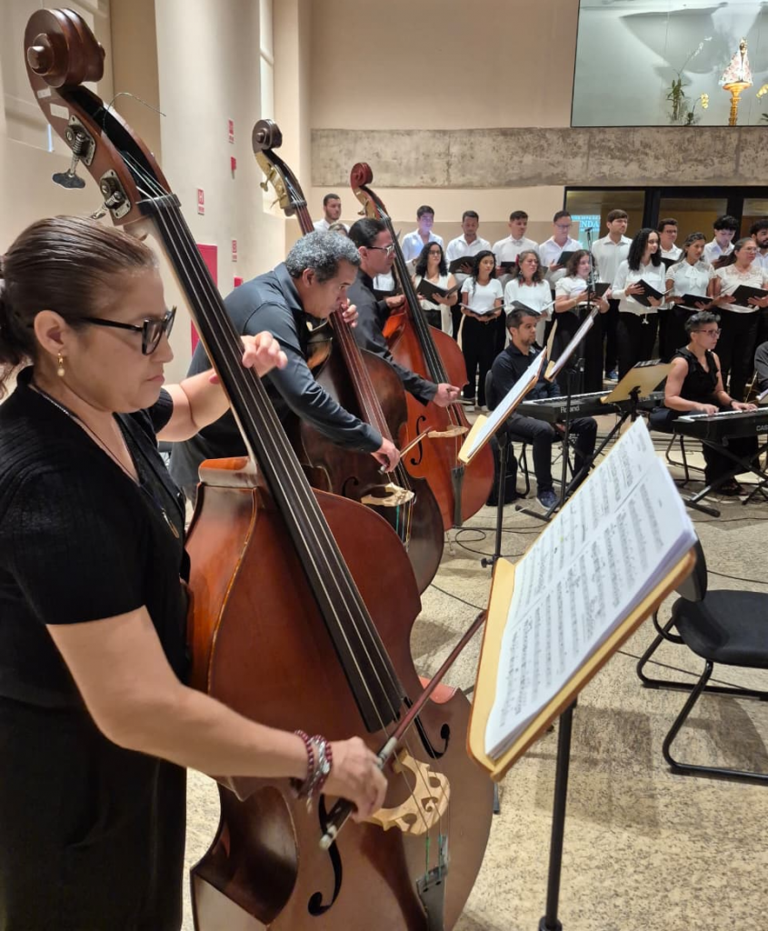 Fotografia registra uma mulher tocando violoncelo. Ao fundo, é possível ver outros integrantes da Sinfonia do Círio também tocando seus respectivos instrumentos.