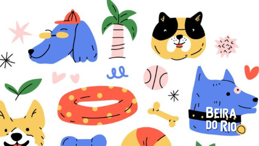 Ilustração colorida com fundo branco mostrando cachorros de desenho animado, junto com objetos decorativos. No topo, um cachorro azul usa boné vermelho e óculos de sol amarelos, ao lado de uma palmeira; à direita, um cachorro preto e amarelo usa óculos de sol escuros e mostra a língua rosa. No canto inferior esquerdo, um cachorro amarelo e branco também está com a língua para fora. No canto inferior direito um cachorro azul usa coleira preta com pingente dourado. Entre os cachorros há estrelas, corações, folhas verdes, rabiscos azuis, uma bóia vermelha com bolinhas amarelas, um osso amarelo, um halter azul e uma bola listrada em vermelho, amarelo e laranja.