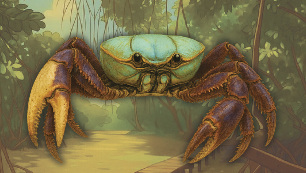 Arte apresenta o desenho de uma caranguejo- Ao fundo, o cenário se assemelha com o de uma mangue.