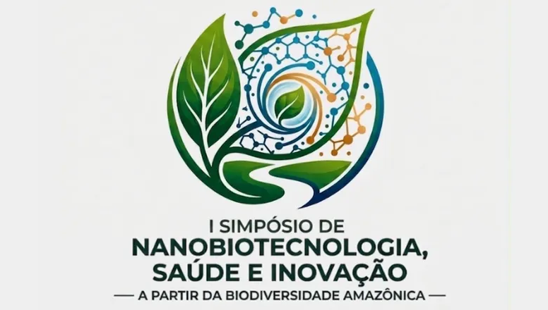 Card gráfico destaca uma grande logo que brinca com desenhos de folhas de árvores e ligações celulares. Abaixo da logo, a informação: I SIMPÓSIO DE NANOBIOTECNOLOGIA, SAÚDE E INOVAÇÃO - A PARTIR DA BIODIVERSIDADE AMAZÔNICA.