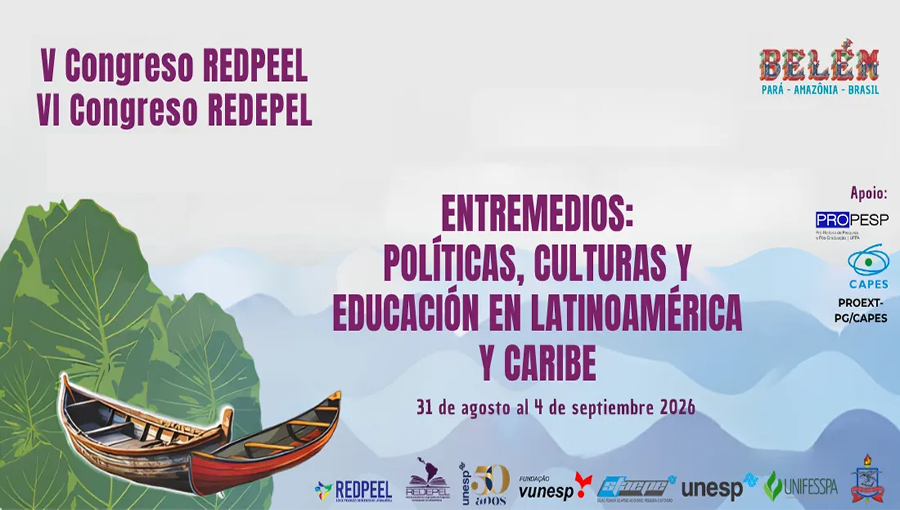 Card gráfico anuncia os eventos: V Congresso da Rede de Programas de Pós-Graduação em Educação da América Latina (REDPEEL) e o VI Congresso Latino-Americano de Estudantes e Egressos de Pós-Graduação em Educação (REDEPEL).