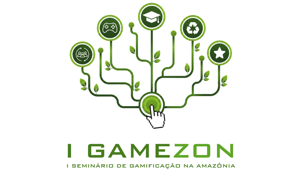 Card Gráfico apresenta uma imagem de uma árvore construído por convexões. Como frutos, há o desenho de uma estrala, um capelo, um símbolo de reciclagem, um controle de videogame e três bonequinhos. Abaixo da imagem, o texto: I GAMEZON - I SEMINÁRIO DE GAMIFICAÇÃO NA AMAZÔNIA.
