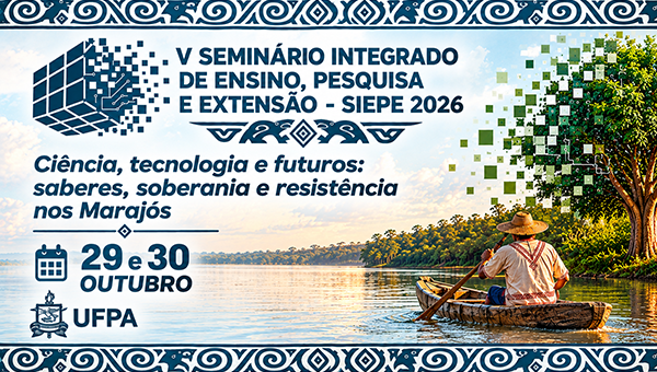 Card gráfico, com a imagem de uma árvore sendo composta, em sua metade, por quadrados de pixels. Ao lado da árvore, a imagem de uma pessoa remando em uma canoa. No topo da arte, o texto: Seminário Integrado de Ensino, Pesquisa e Extensão - Siepe 2026 - Ciência, tecnologia e futuros: saberes, soberania e resistência nos Marajós.
